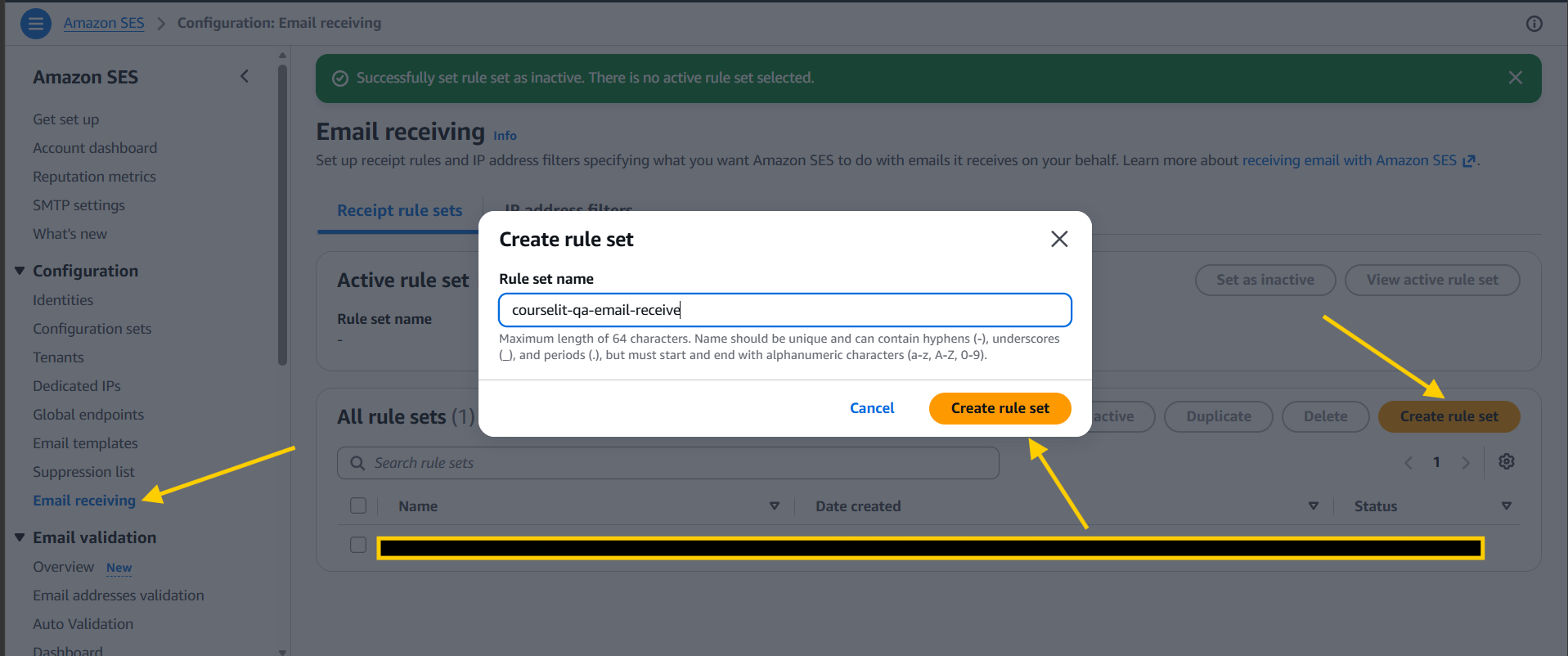 Create an Amazon SES receipt rule set