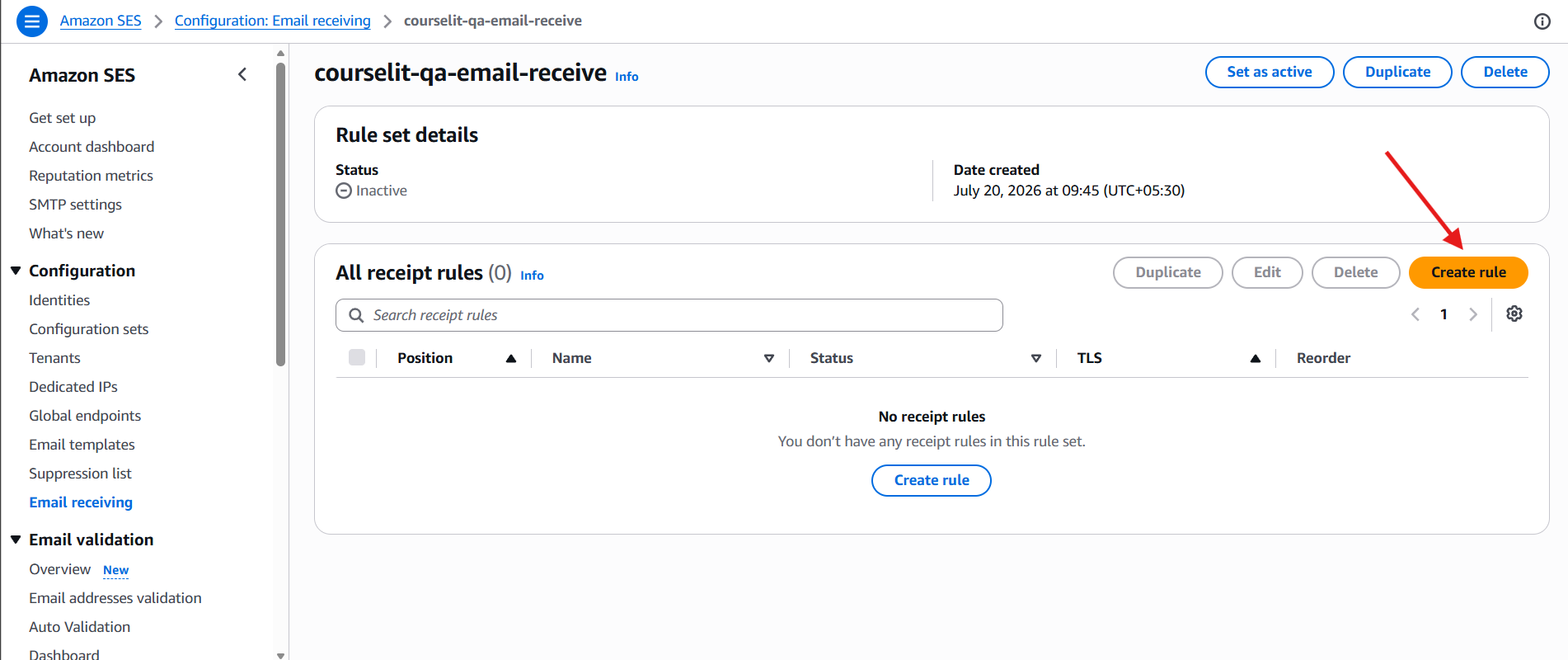 Create a receipt rule in the rule set