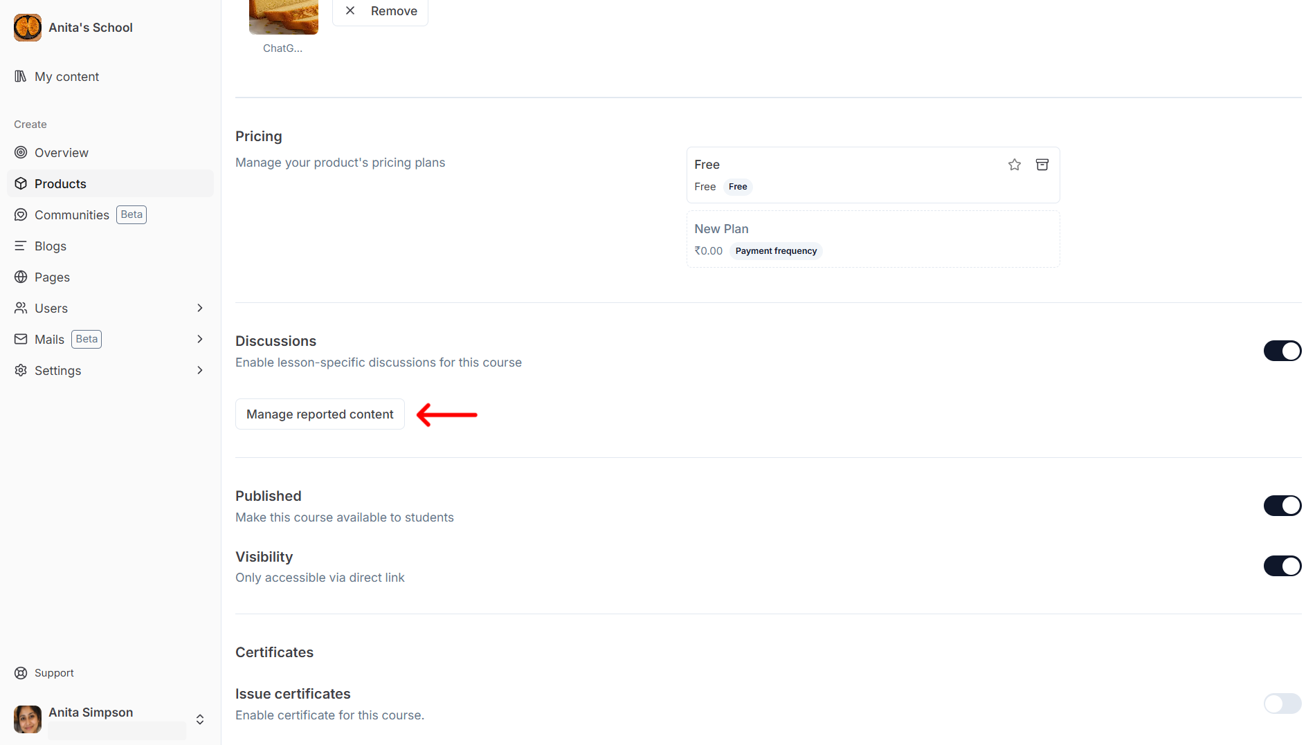 Manage reported content link