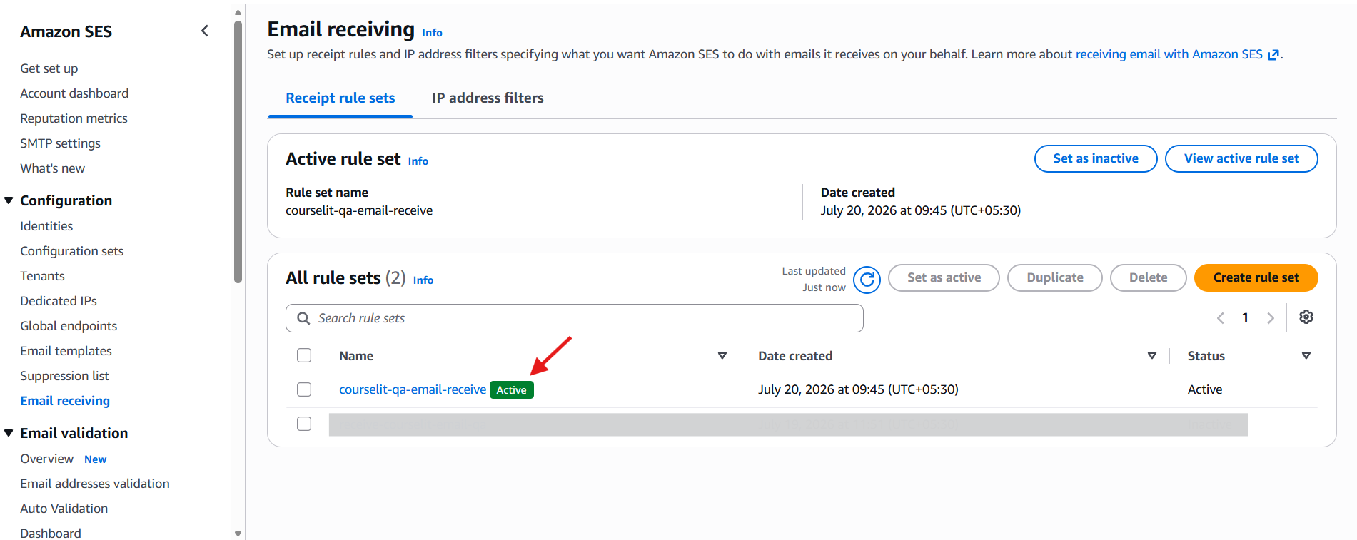 Active Amazon SES receipt rule set