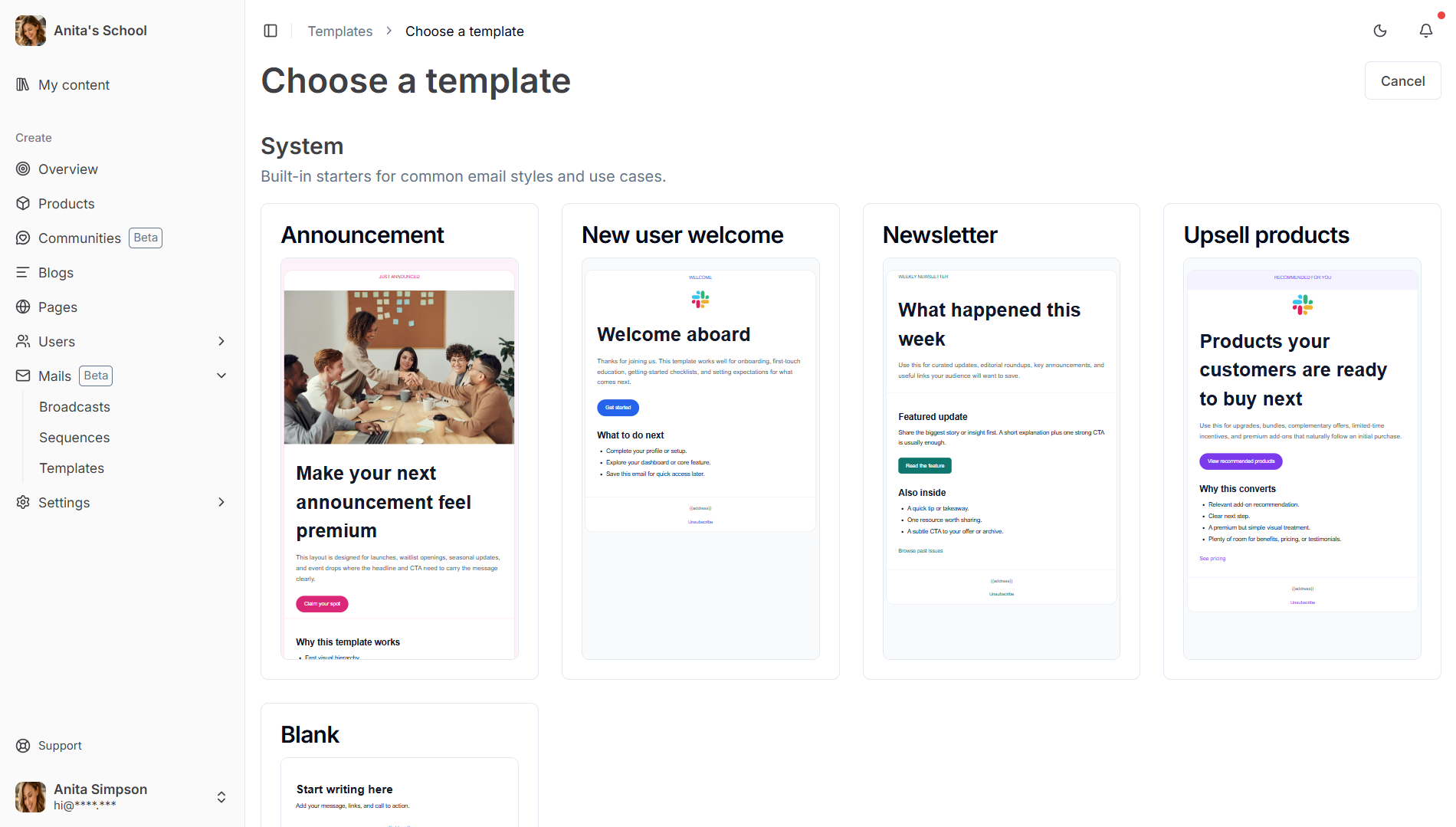 Templates selection screen