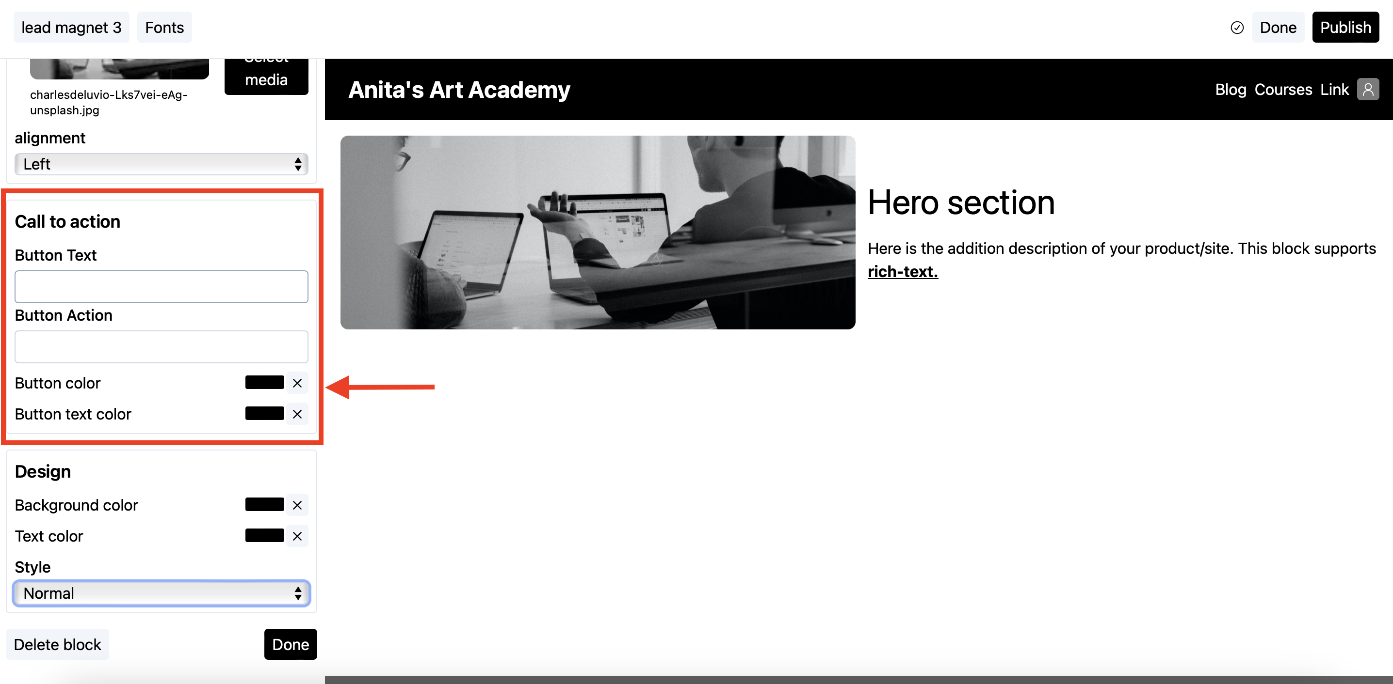 Hero block CTA