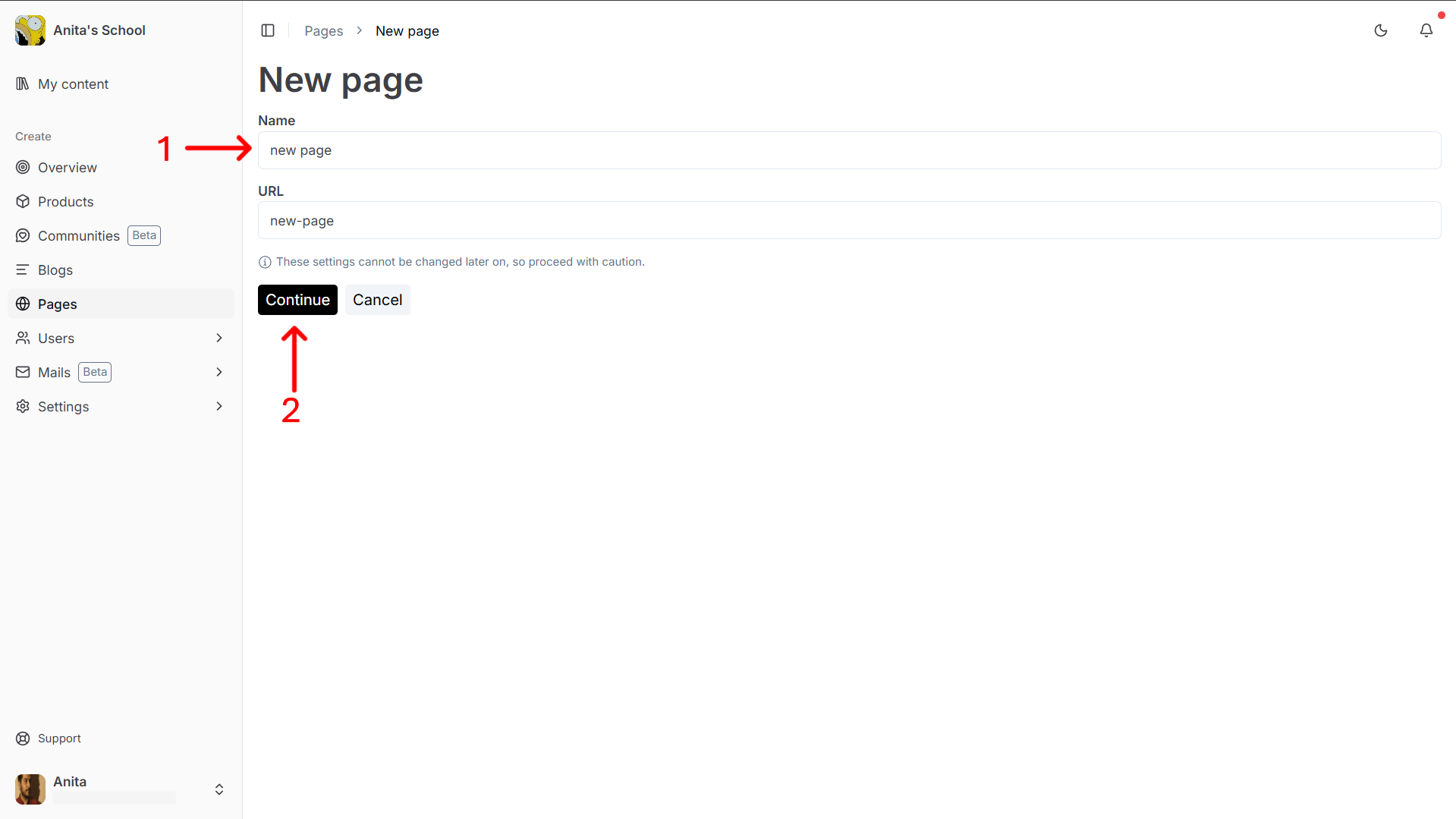 New page screen