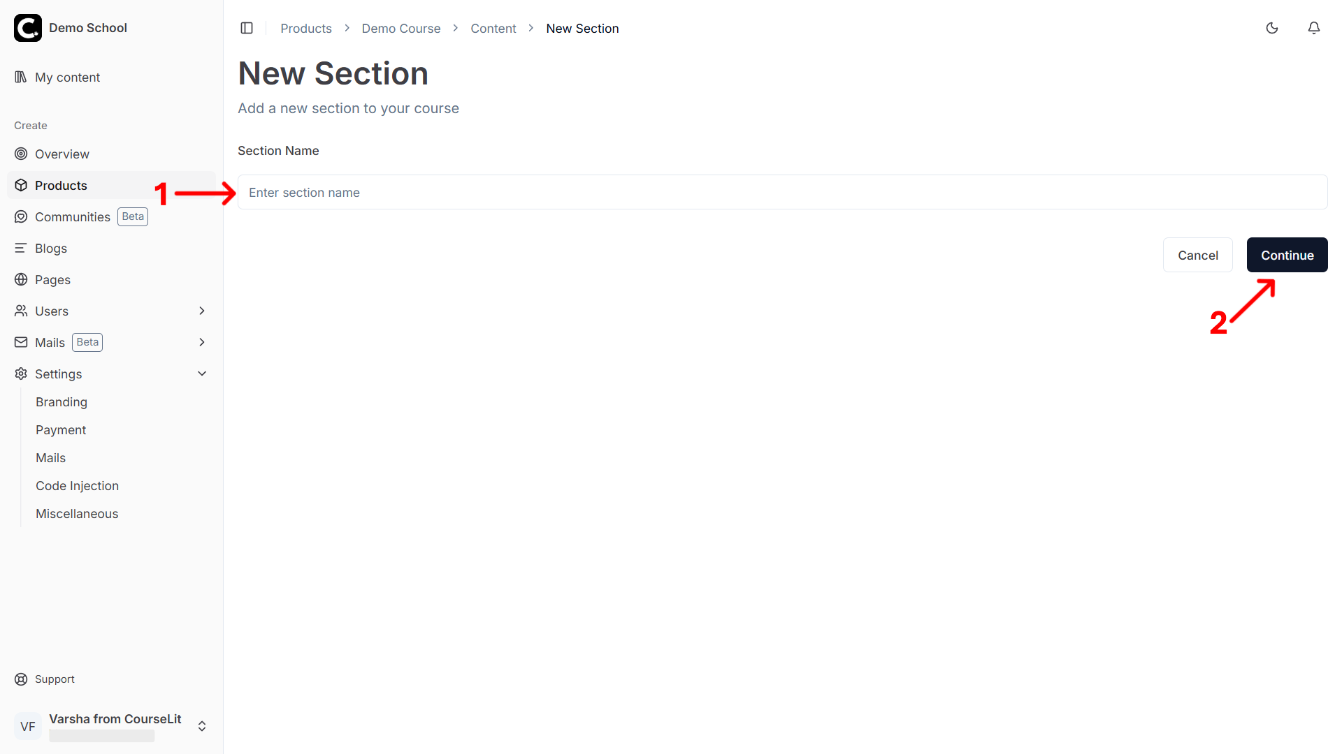 New Section Screen
