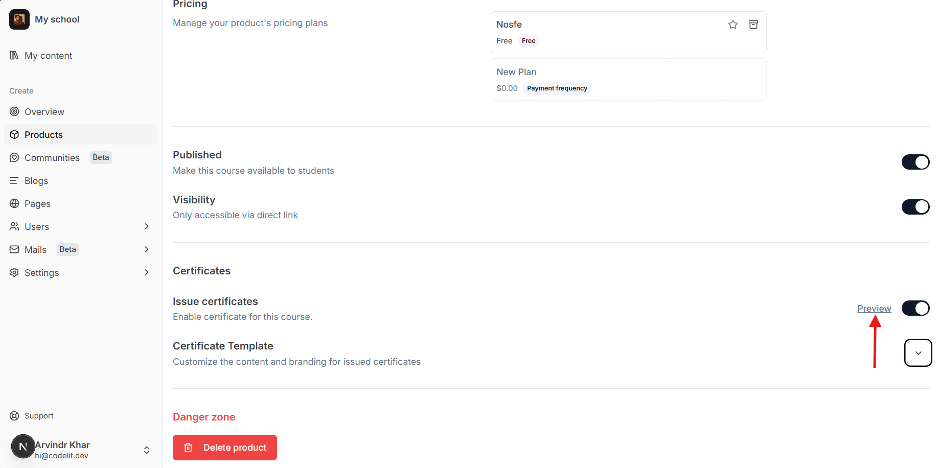 Preview certificate