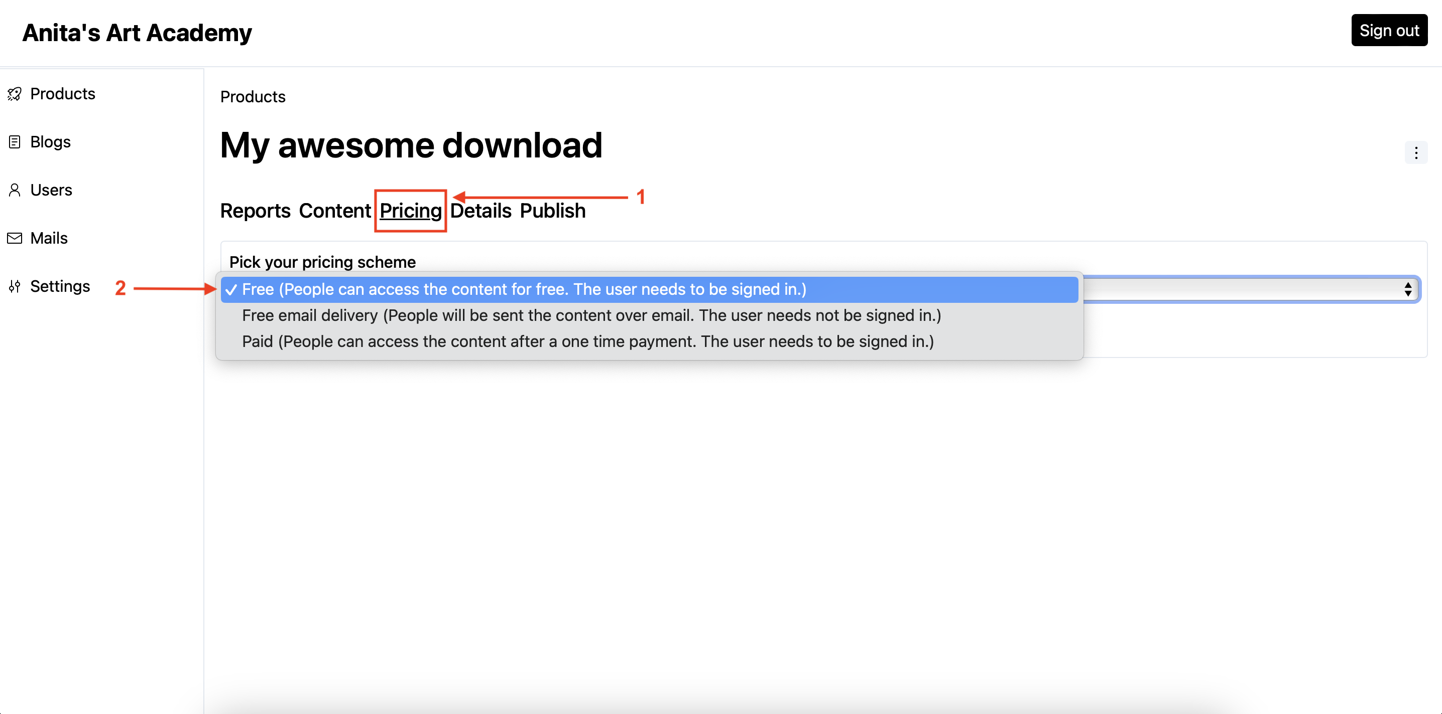 Pricing dropdown