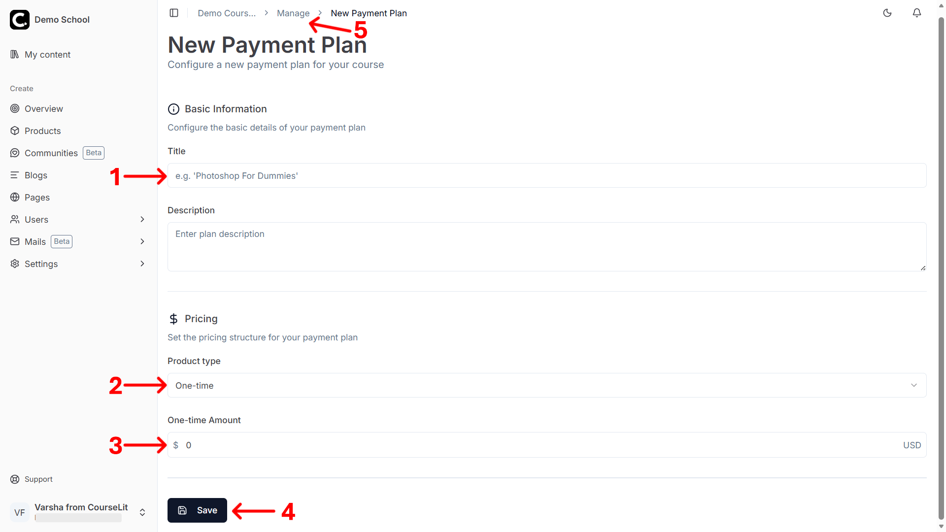Pricing plan screen