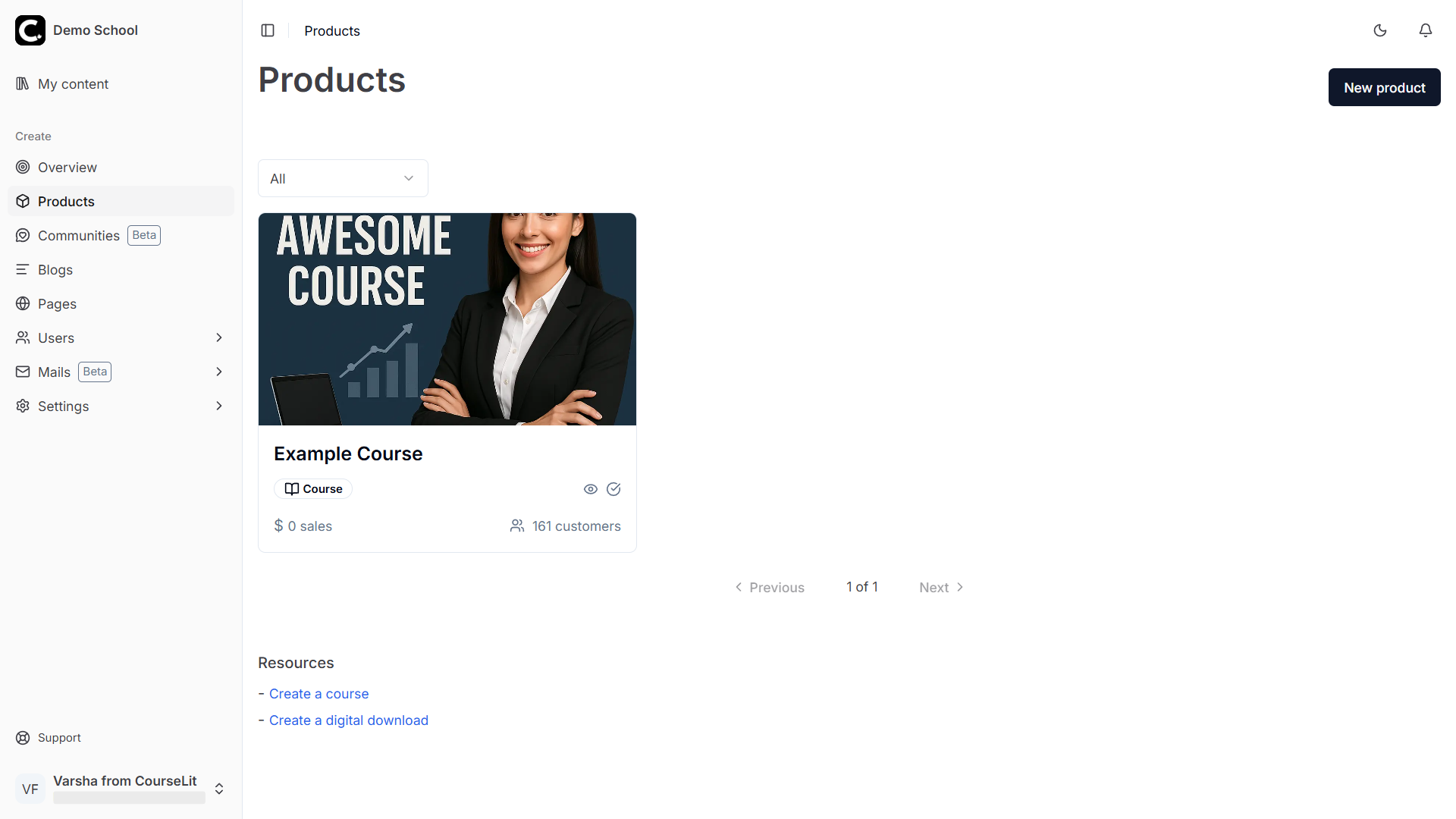 Products dashboard