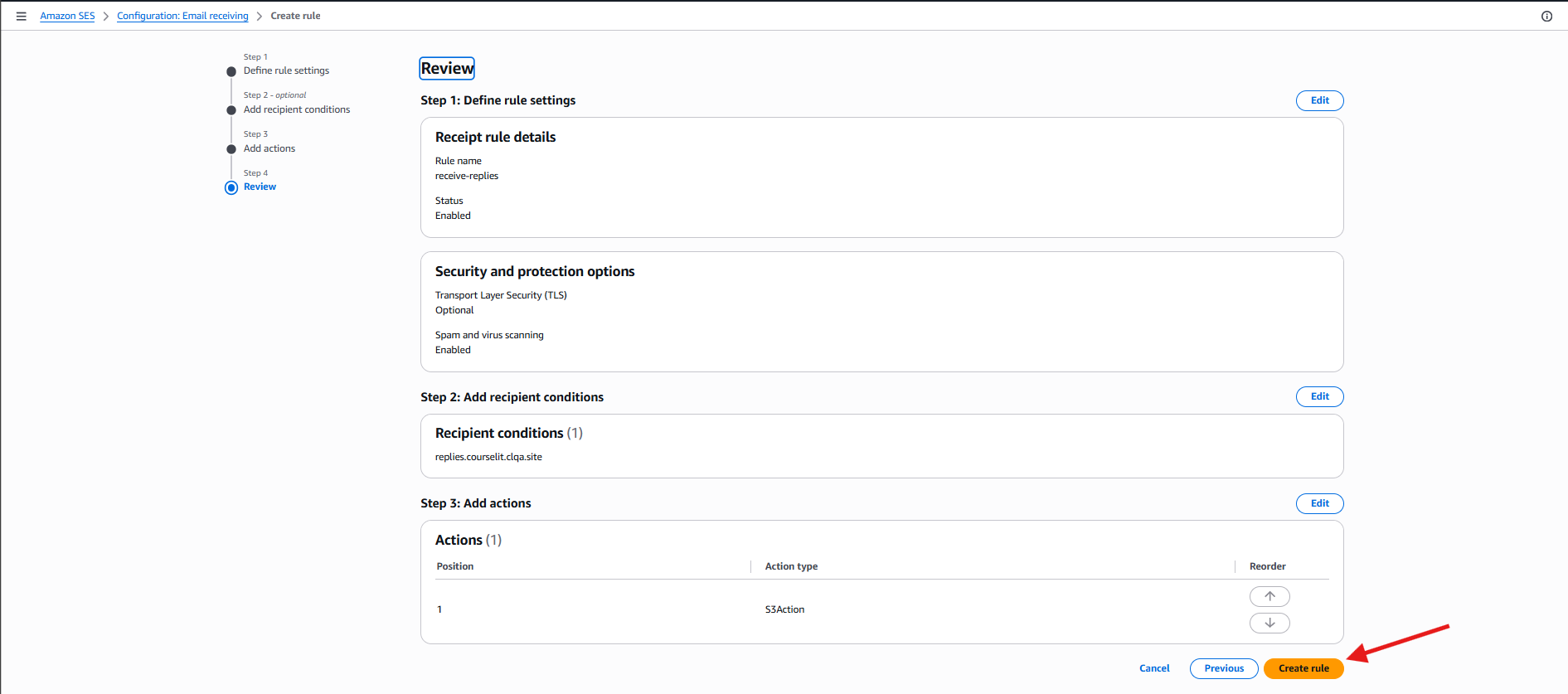 Review and create the Amazon SES receipt rule