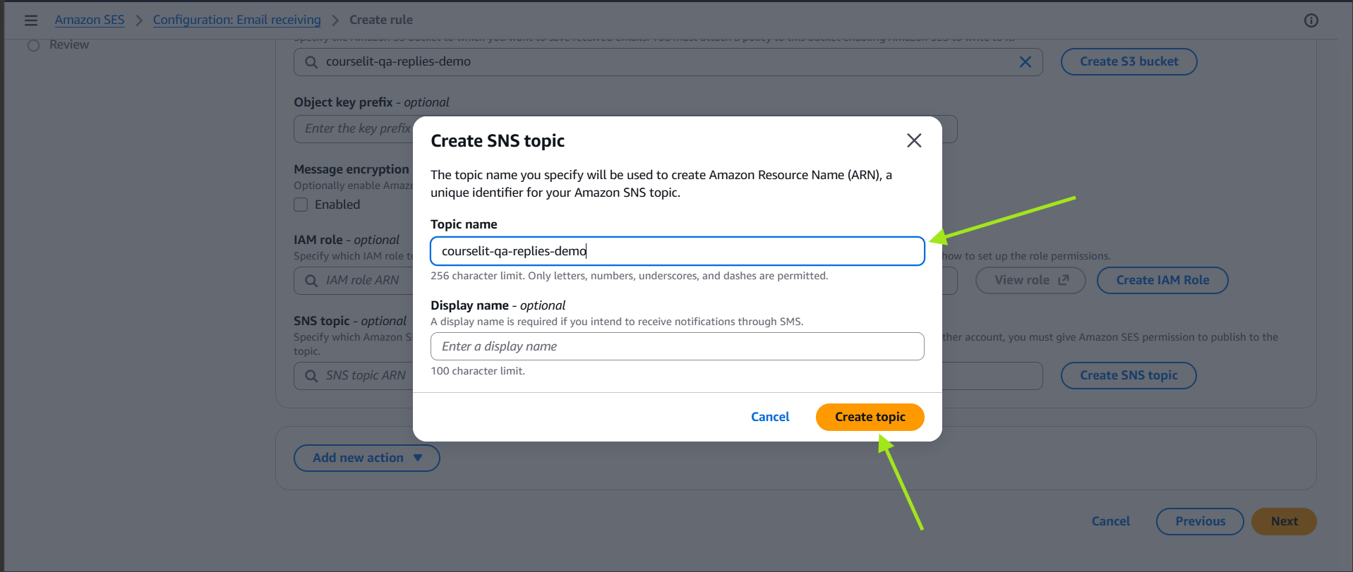 Create the SNS topic used by the S3 action