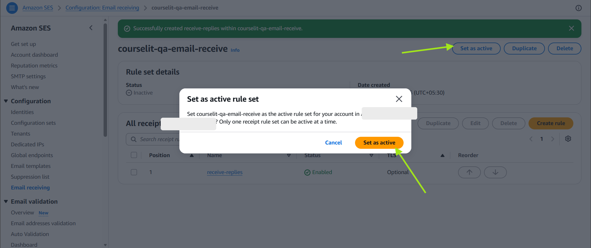 Set the Amazon SES receipt rule set as active