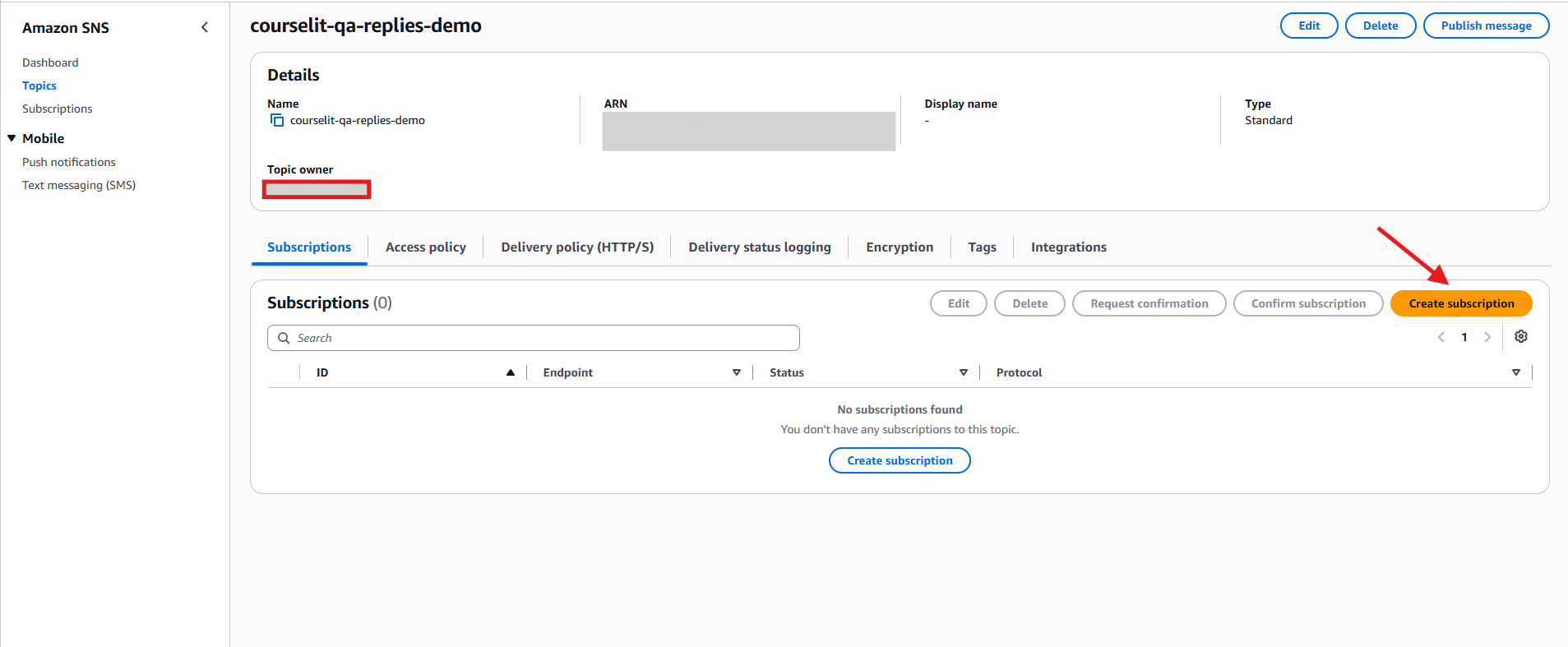 Create an HTTPS subscription for the SNS topic