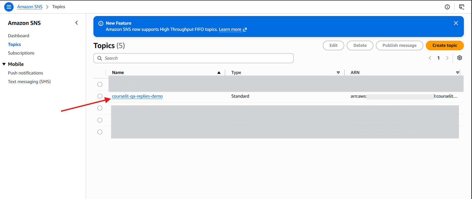 Select the inbound email SNS topic
