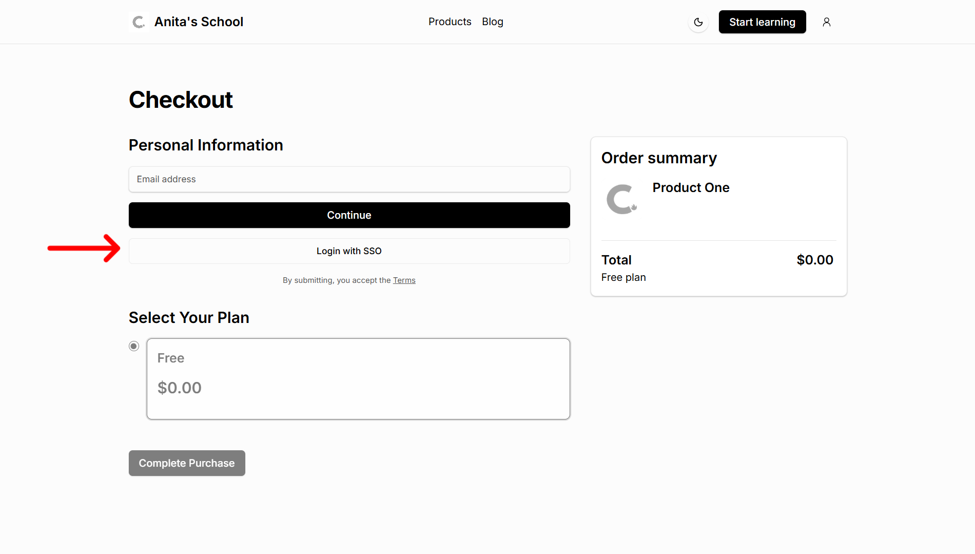 SSO checkout view