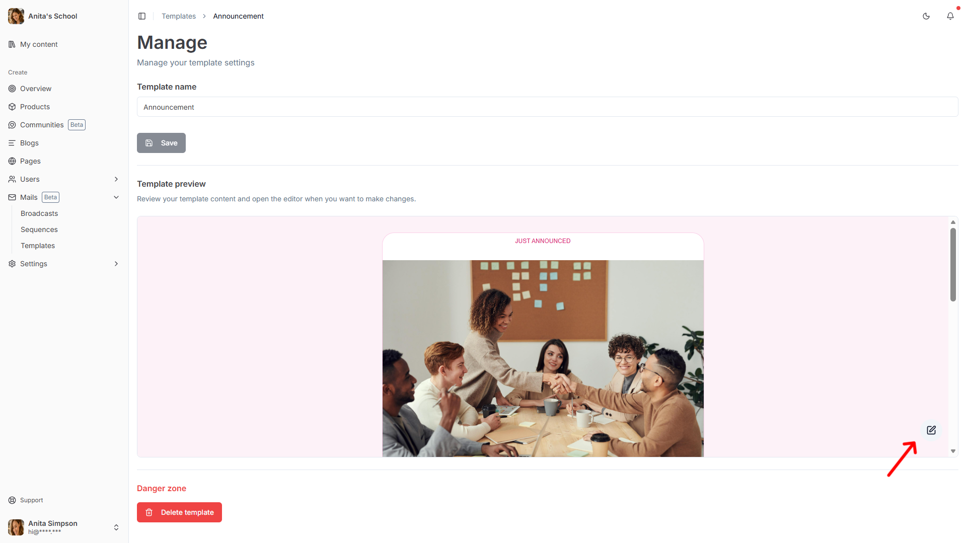 Template edit button