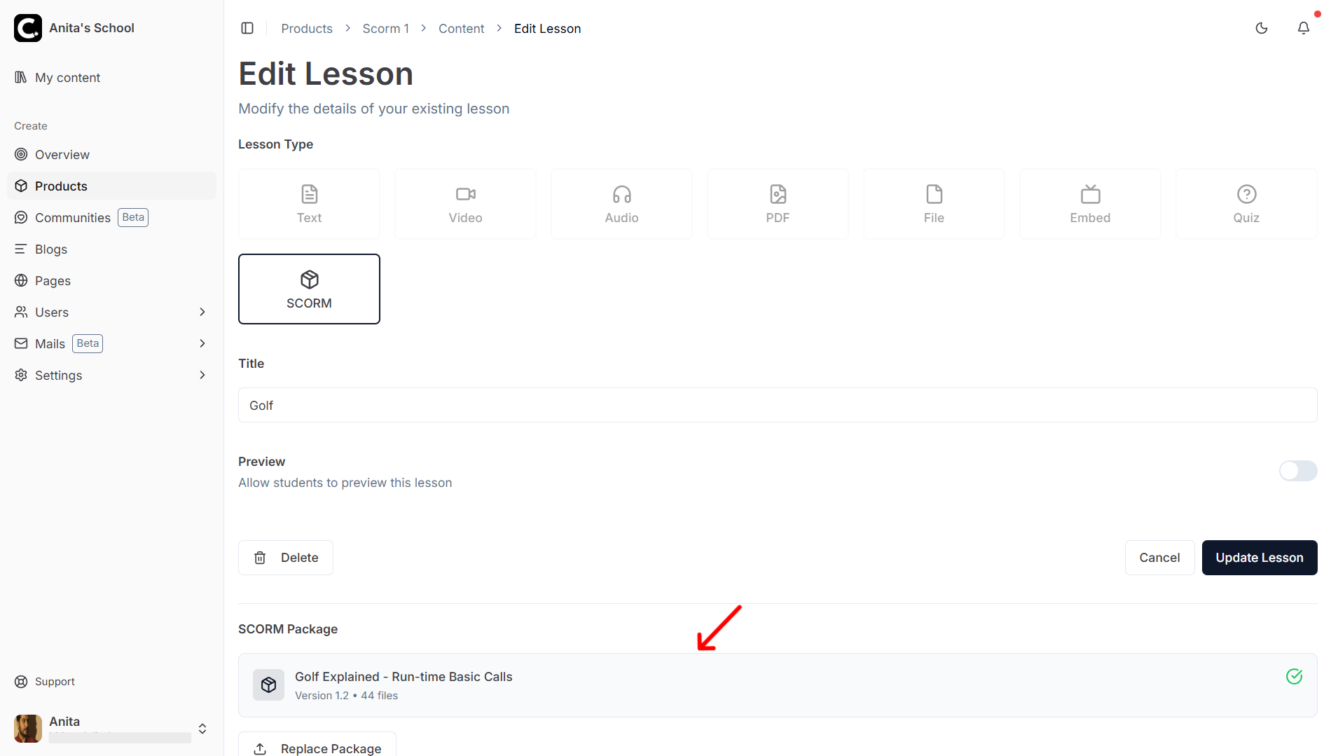 uploaded SCORM package