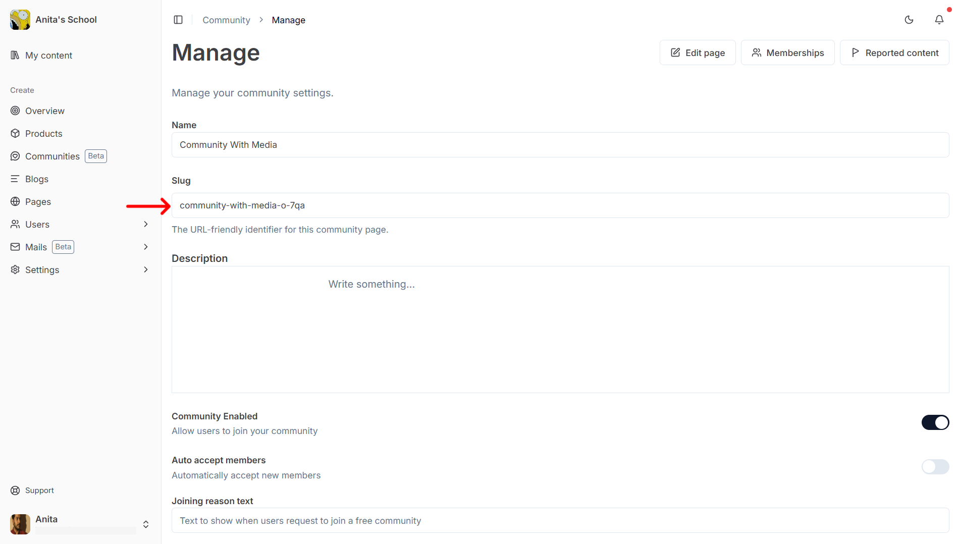 Edit page slug of community