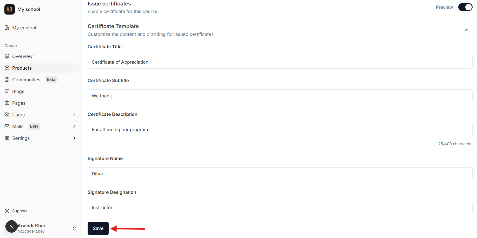 Customize certificate texts