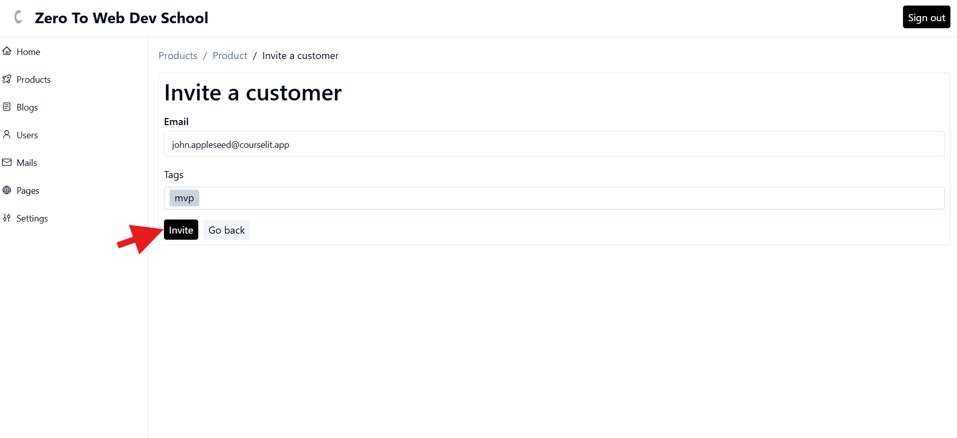 Invite customer screen