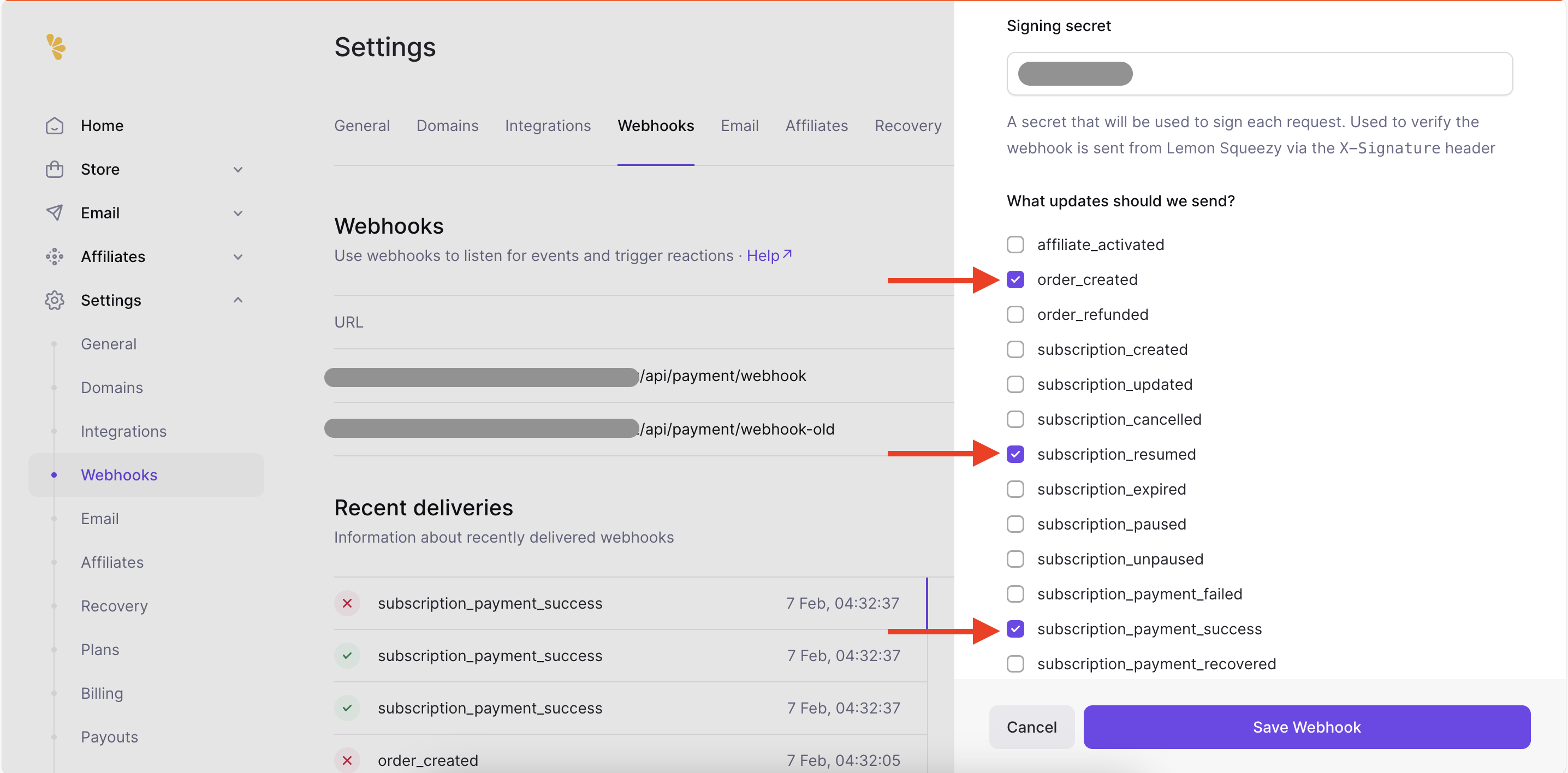 Lemon Squeezy webhook configuration