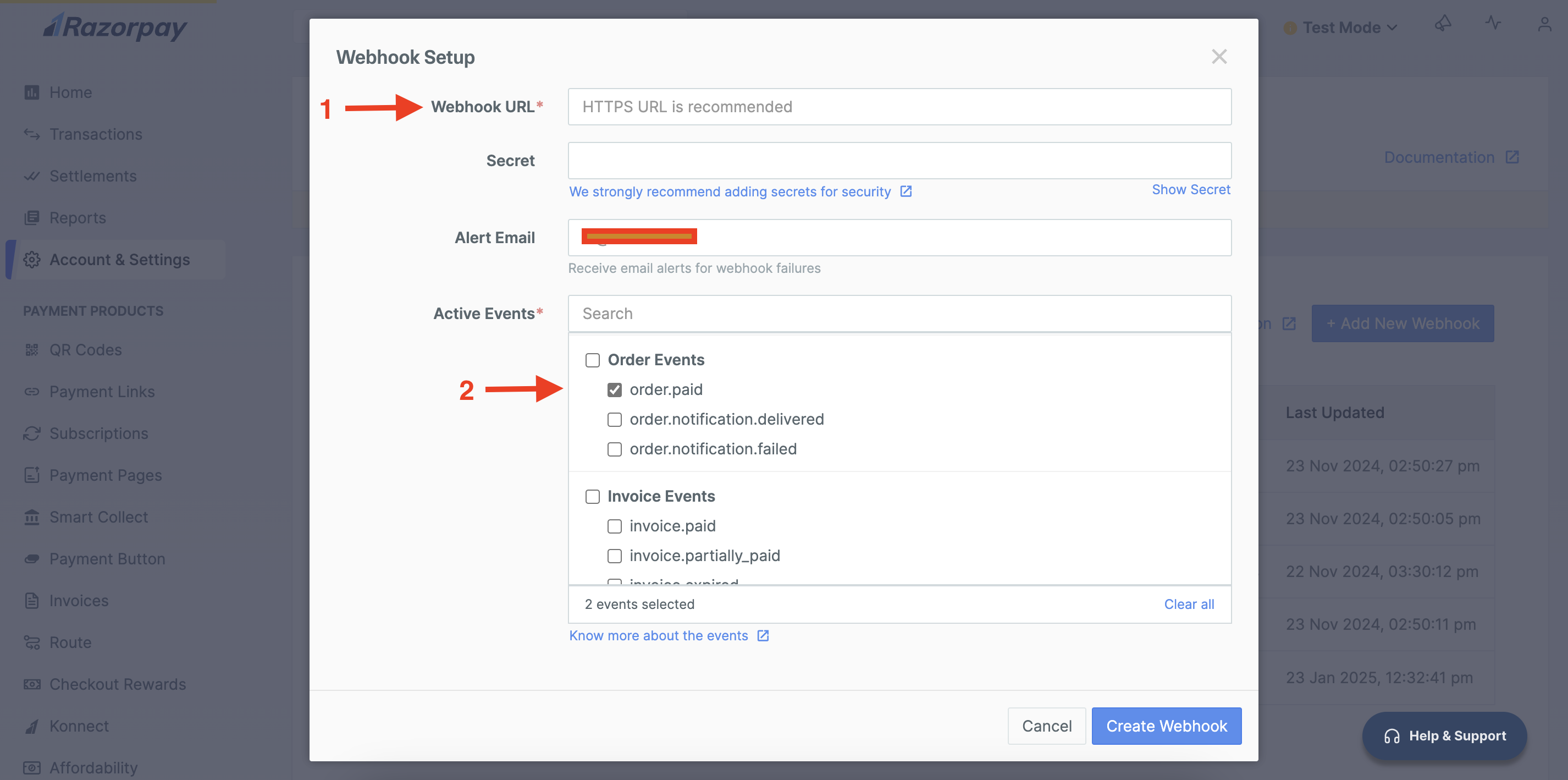 Razorpay webhook configuration